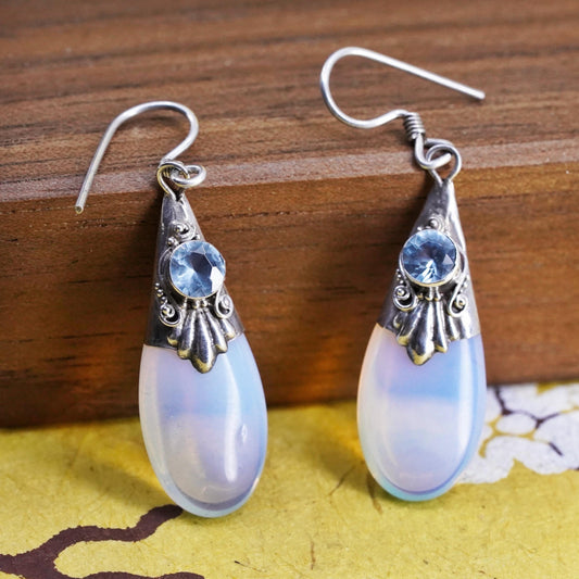 Vintage Sterling 925 silver handmade earrings with teardrop moonstone and topaz