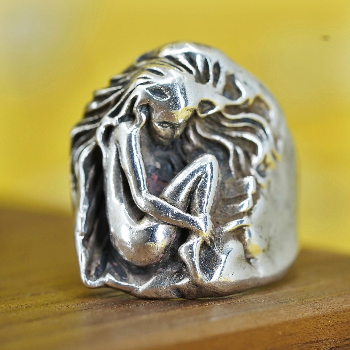 Size 7.5, vintage Sterling silver 925 handmade ring, carved sleeping girl band