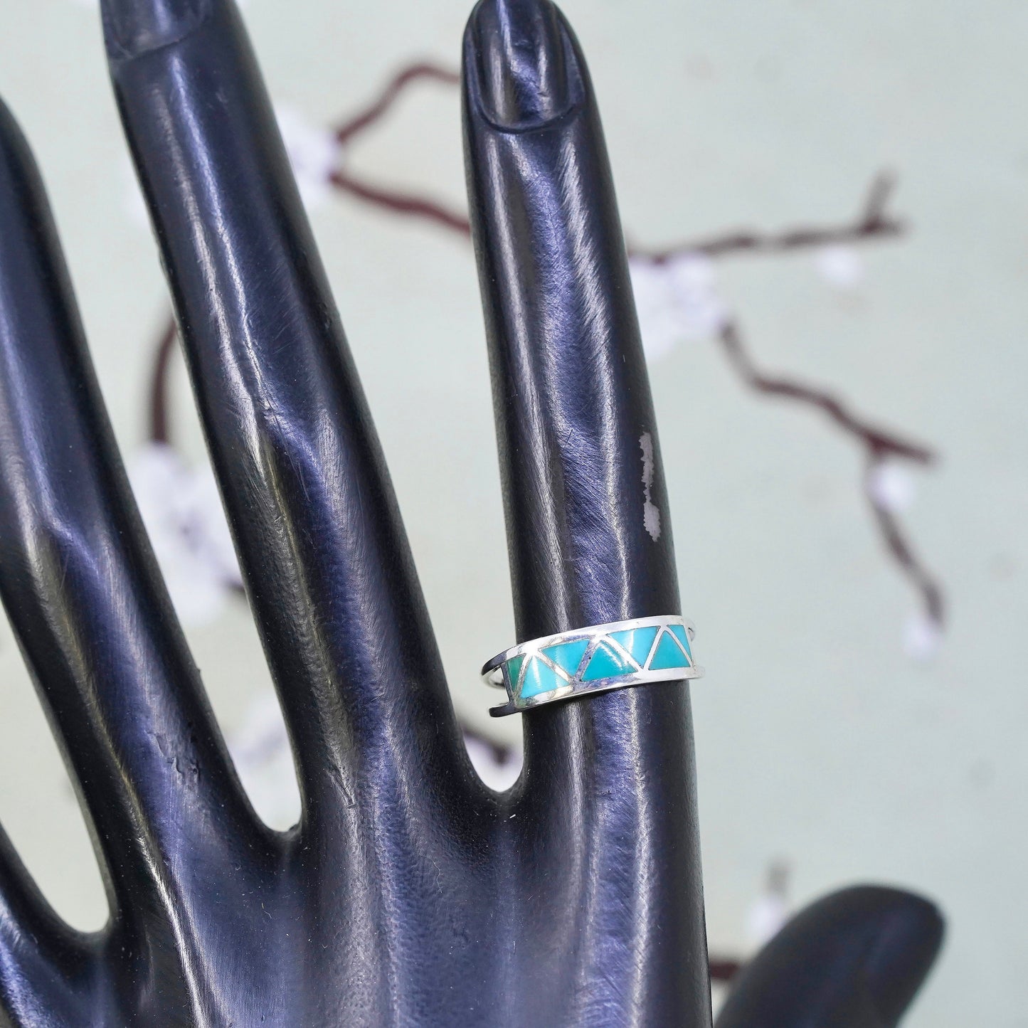Size 6, Jason & Pearl Sterling silver ring, 925 zig zag band turquoise, Zuni
