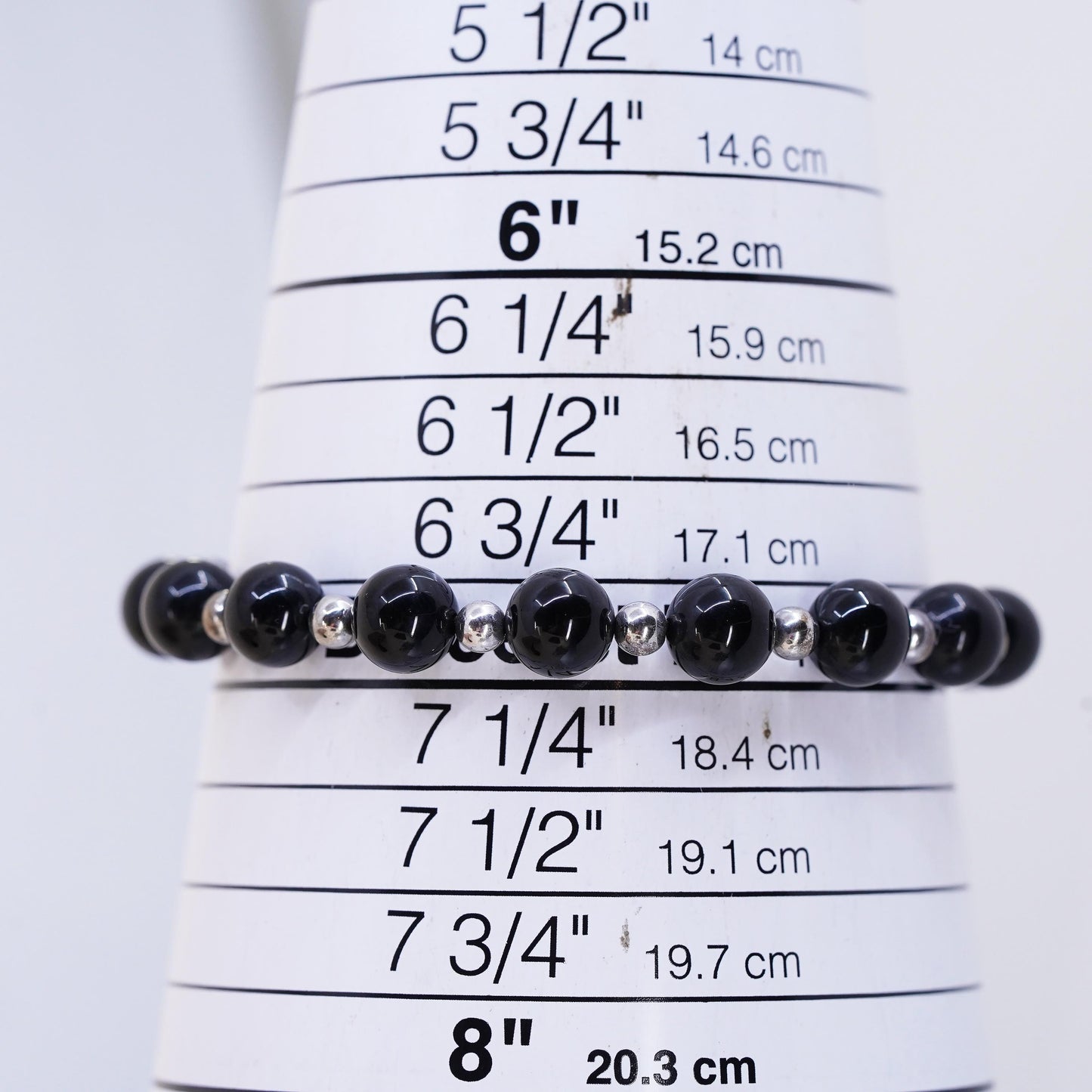 7” 7mm, Vintage Sterling 925 silver handmade bracelet with onyx beads