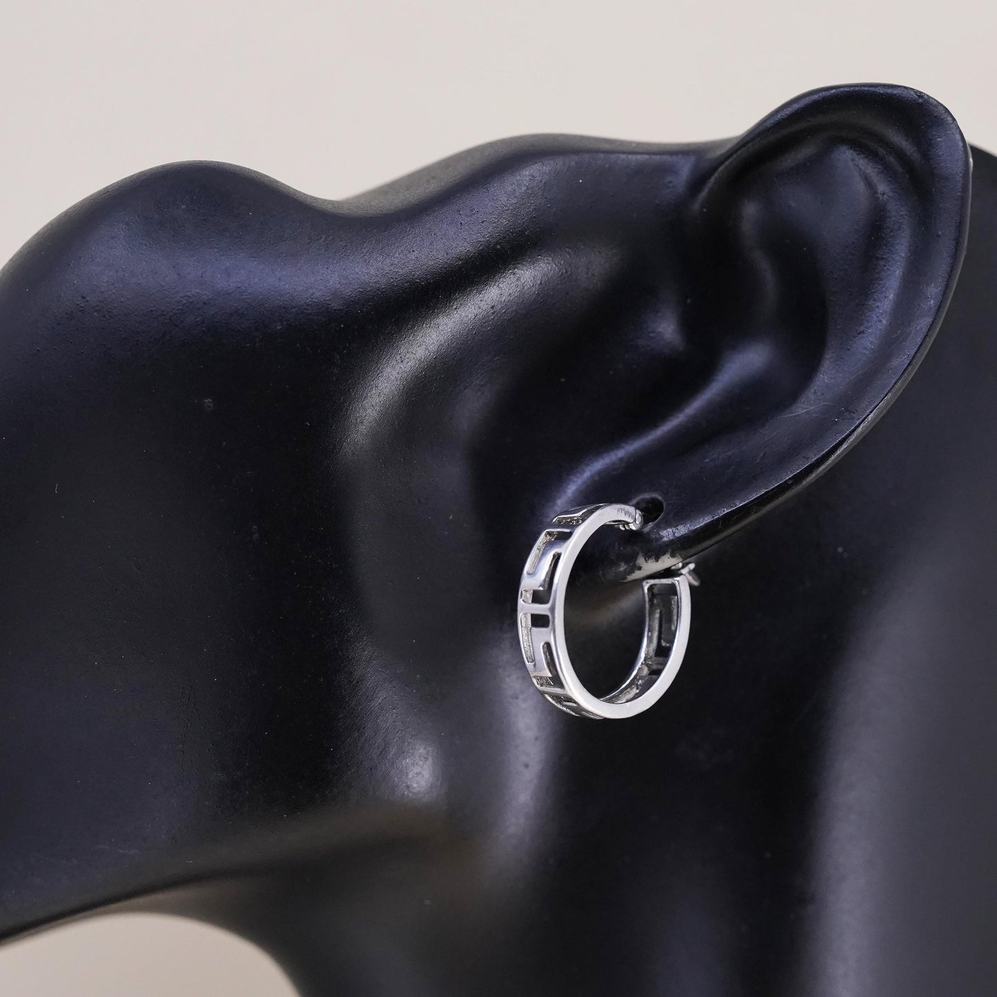 0.75", Vintage sterling silver loop earrings, fashion Greek key primitive hoops