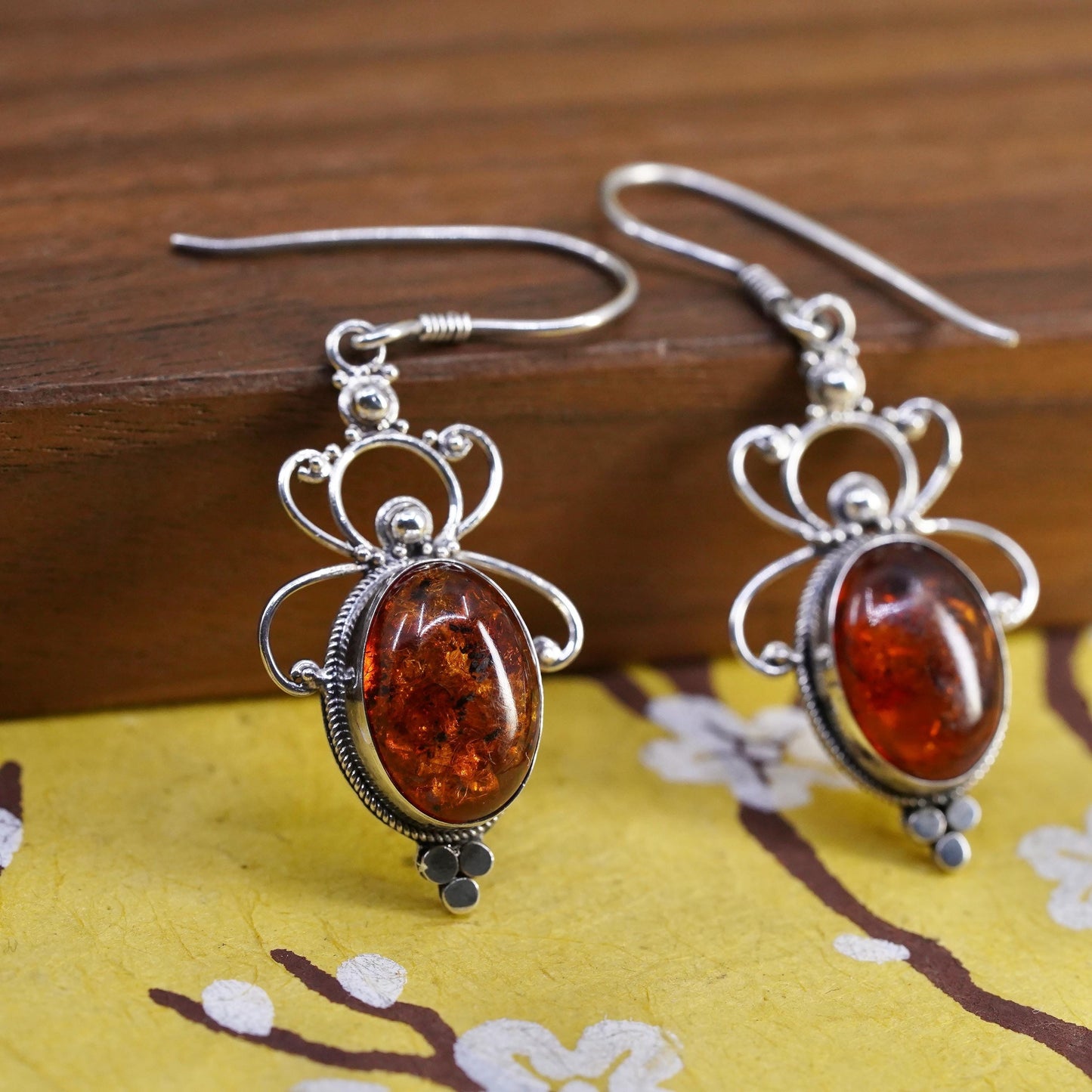 Vintage Sterling 925 silver handmade earrings with oval Amber