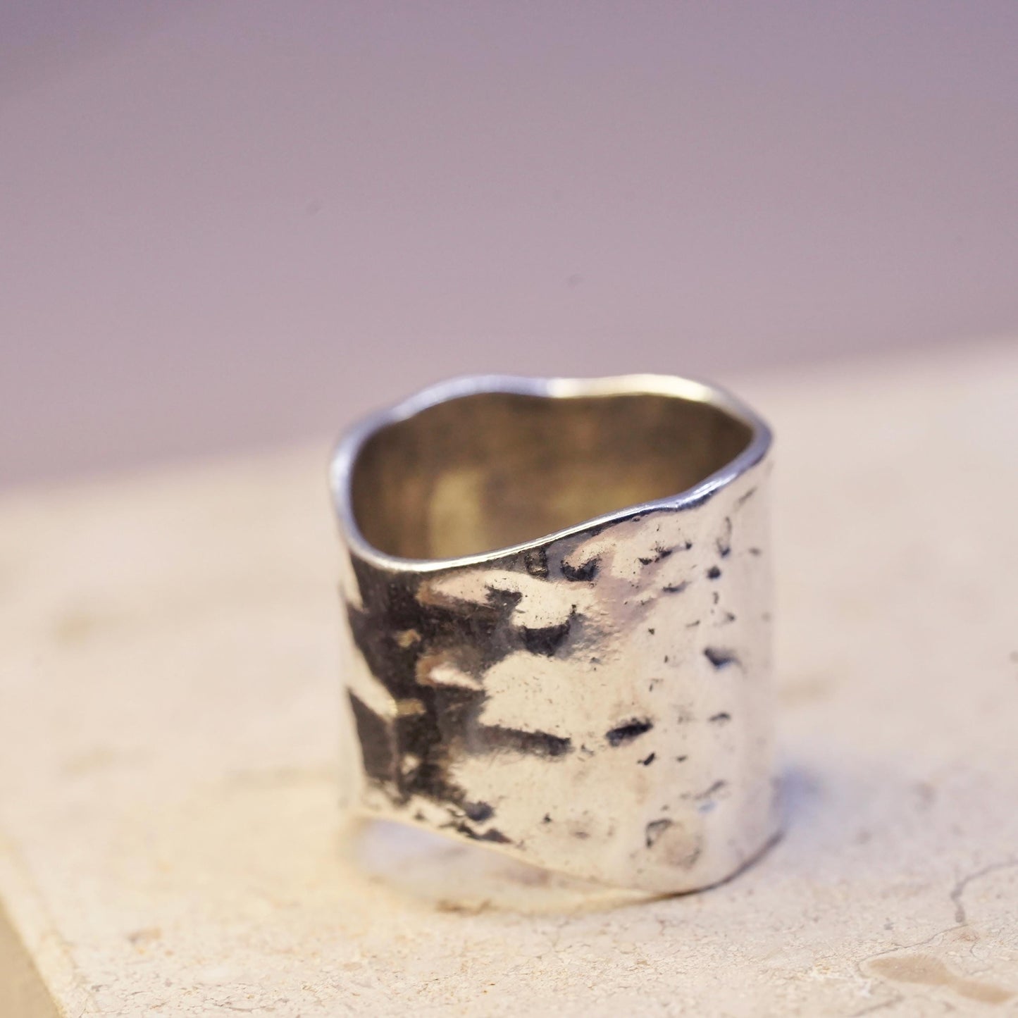 Size 6, vintage Sterling silver handmade ring, modern hammered 925 wide band