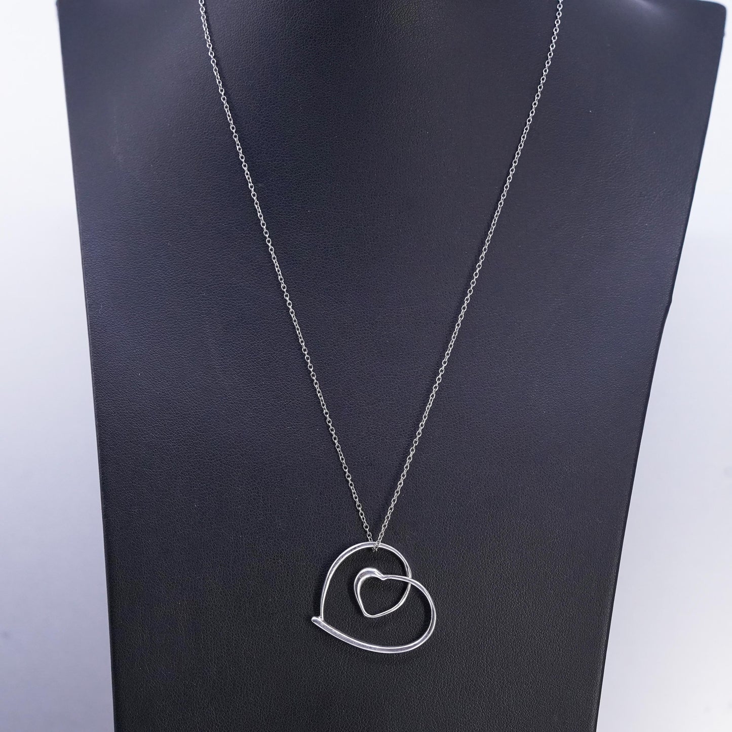 18", vintage Sterling 925 silver handmade circle necklace double heart pendant