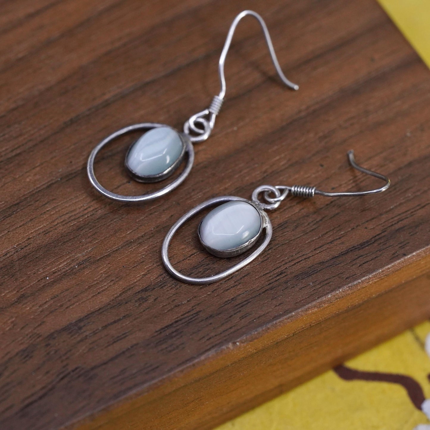Vintage Sterling 925 silver handmade earrings with white cat's eye drops