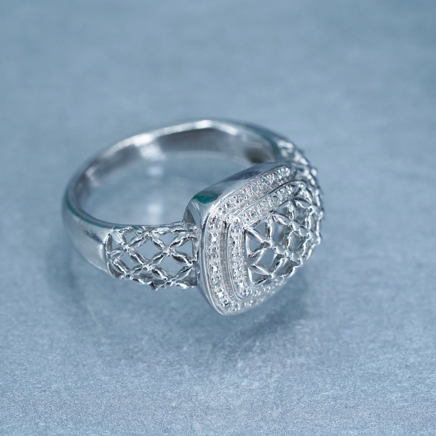 Size 9, vintage Sterling 925 silver handmade ring, filigree belt band diamonds