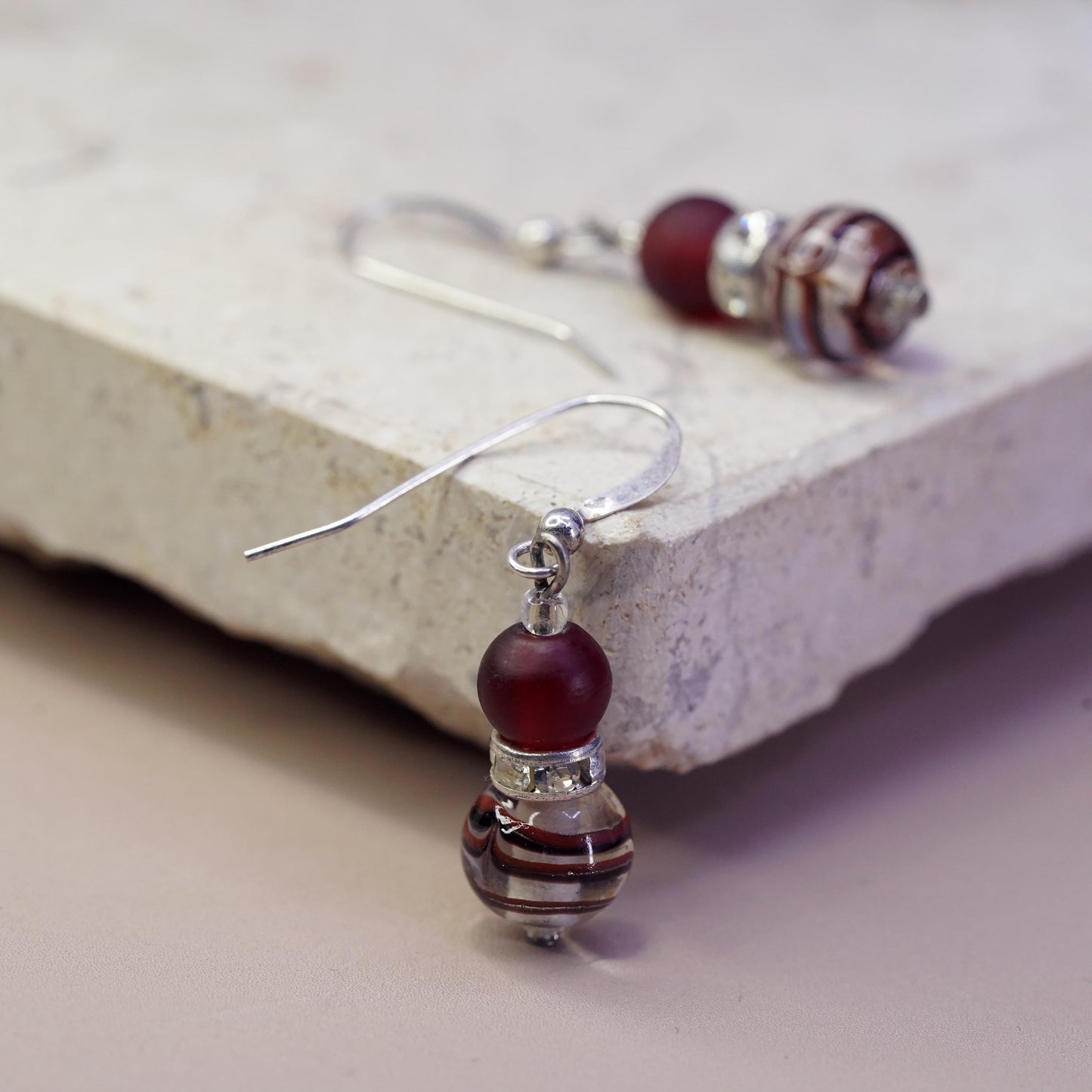 Vintage sterling silver handmade earrings, 925 hooks with red glass bead