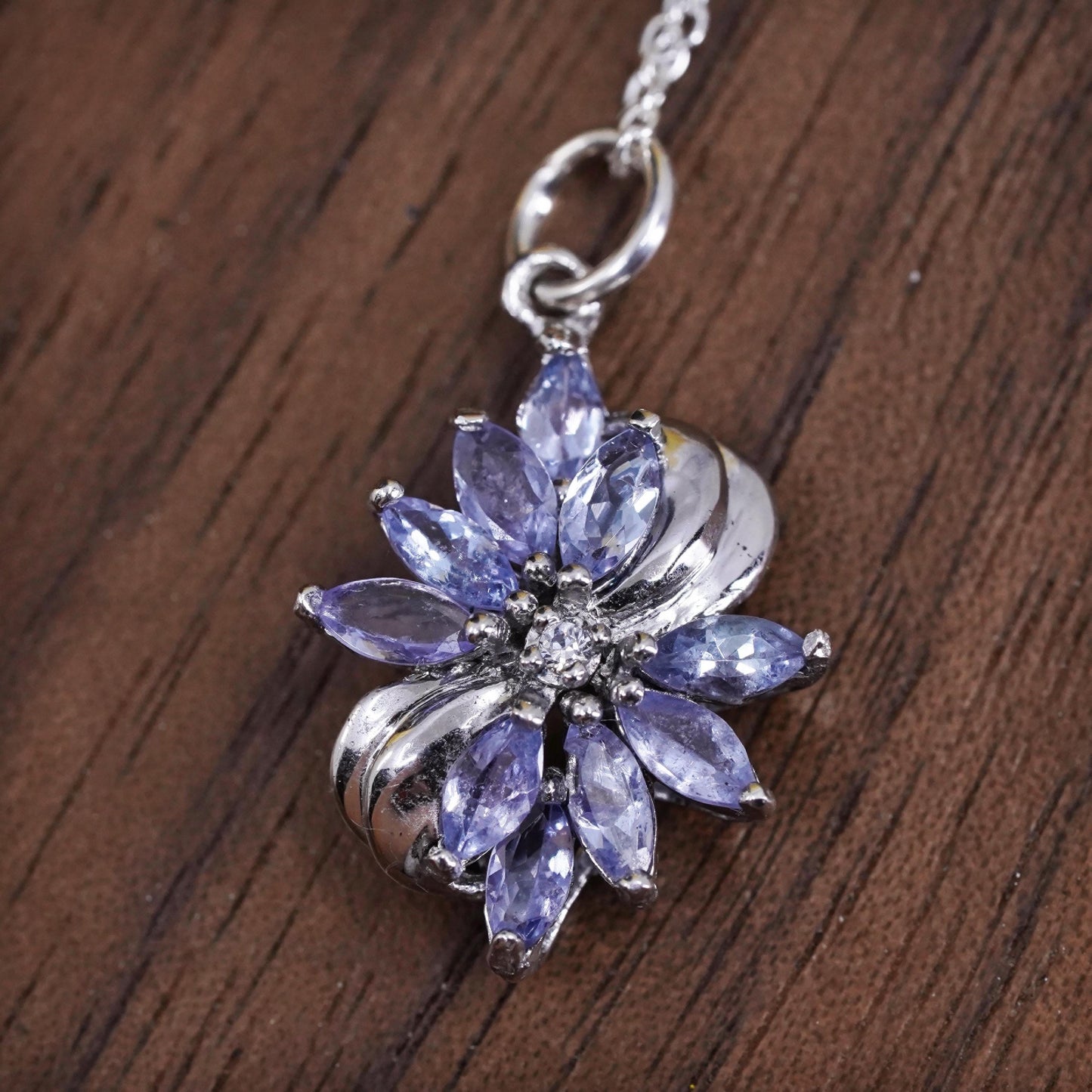 18" Sterling silver handmade necklace, 925 circle chain amethyst flower pendant