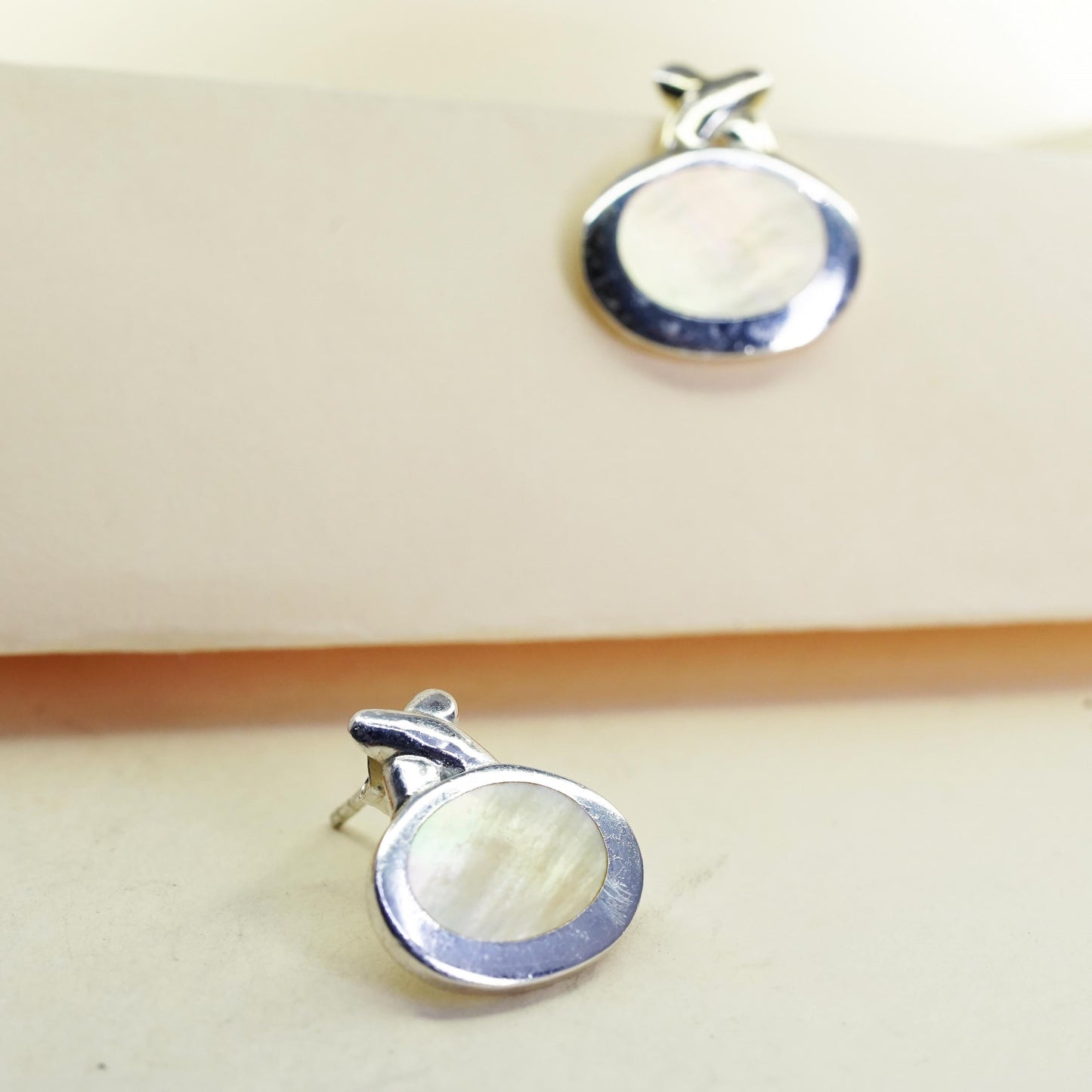 Vintage sterling silver earrings, 925 modern oval studs with mother of pearl