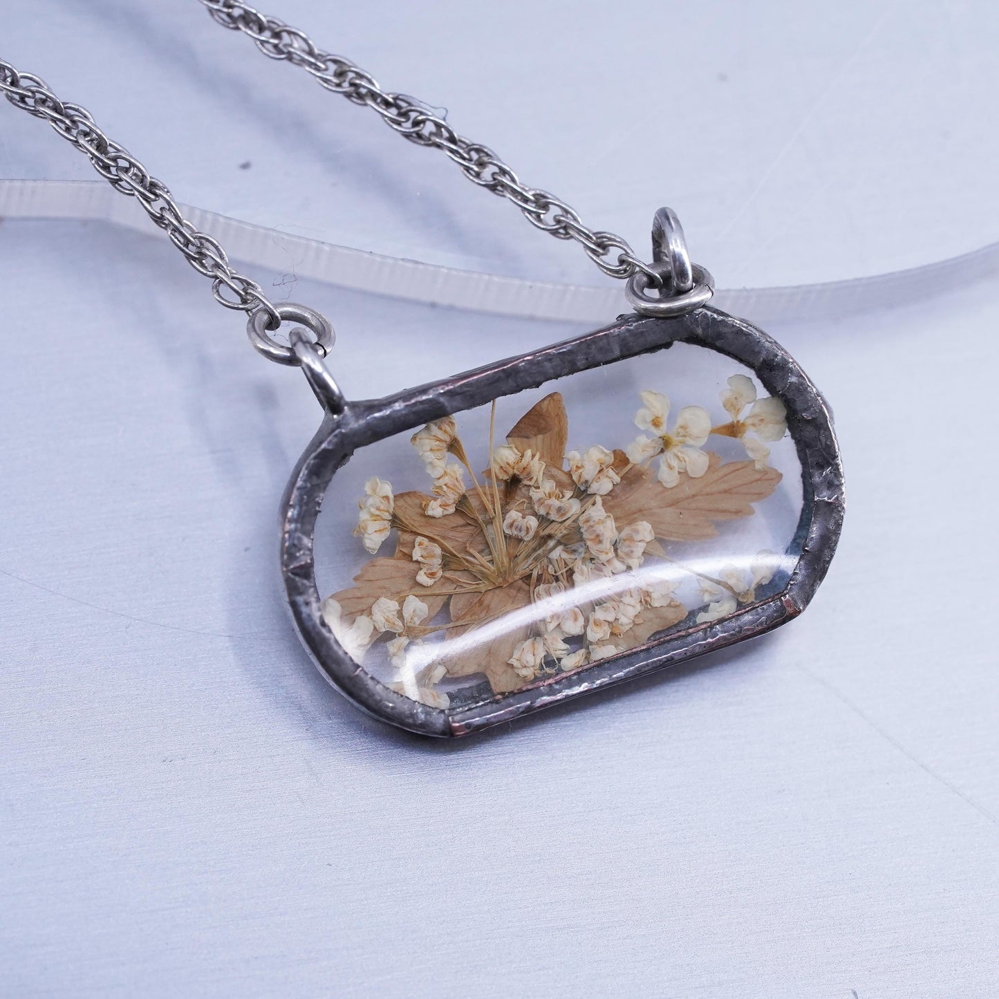 18”, sterling 925 silver Singapore rope chain necklace resin flower pendant