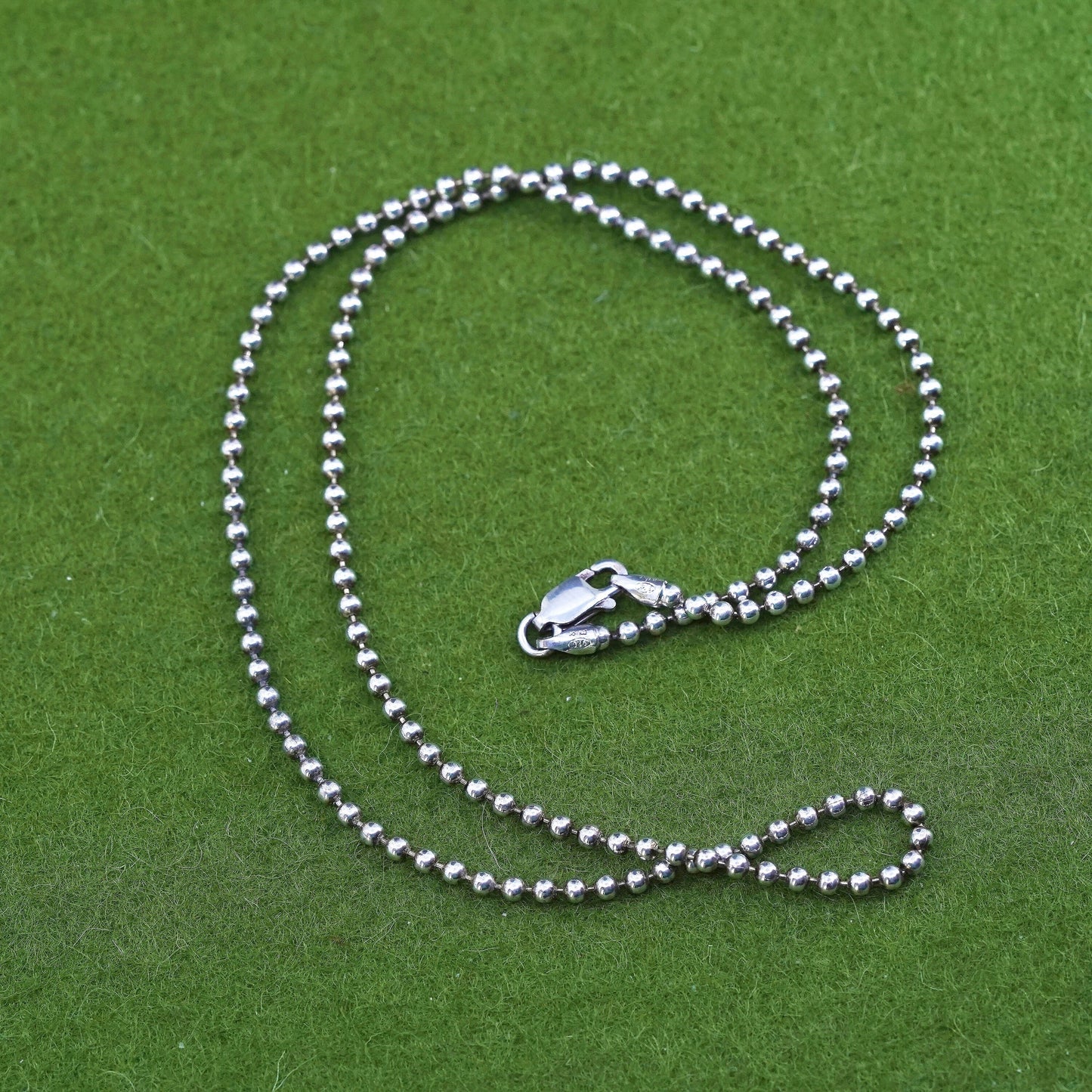 18” 1.6mm, vintage sterling silver necklace, 925 bead chain, stamped 925 Italy