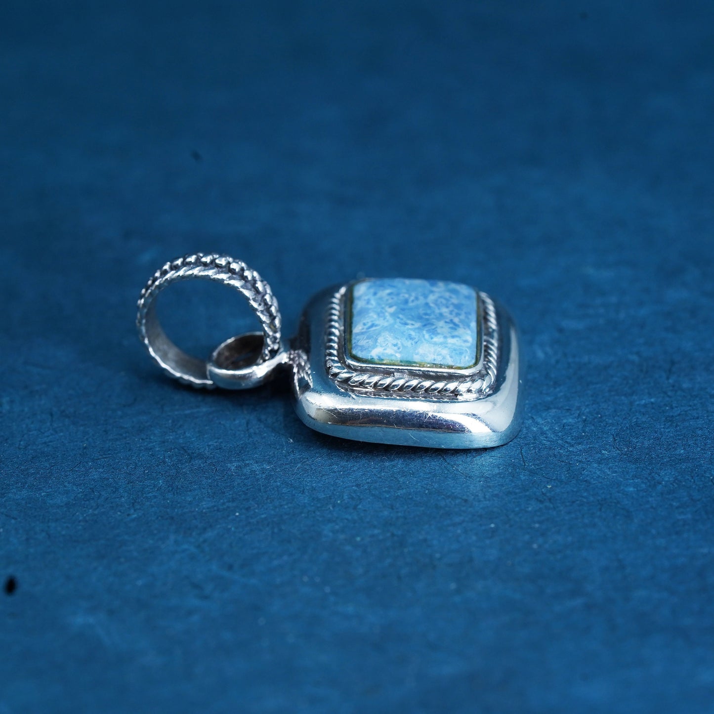 Sterling silver handmade pendant, 925 rectangular with denim lapis lazuli cable