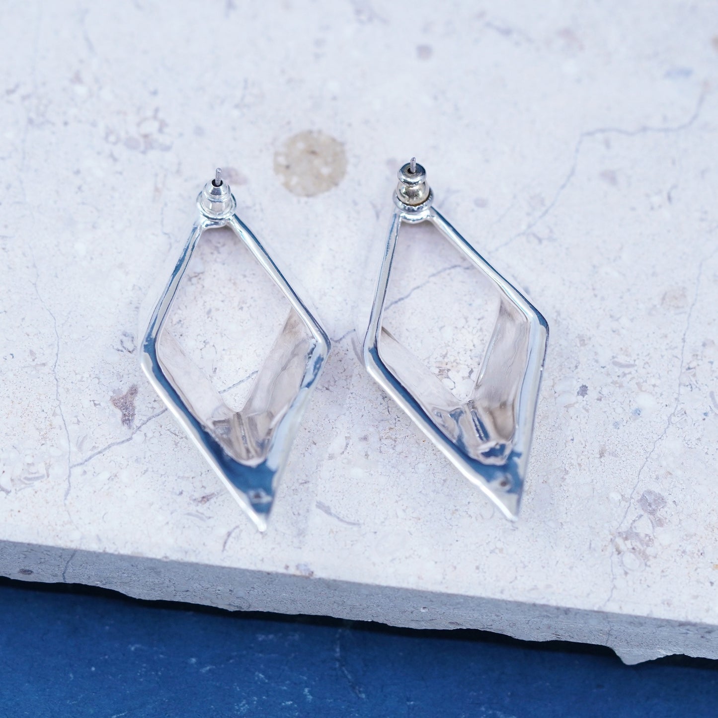 Vintage modernist sterling silver handmade earrings, 925 diamond shaped studs