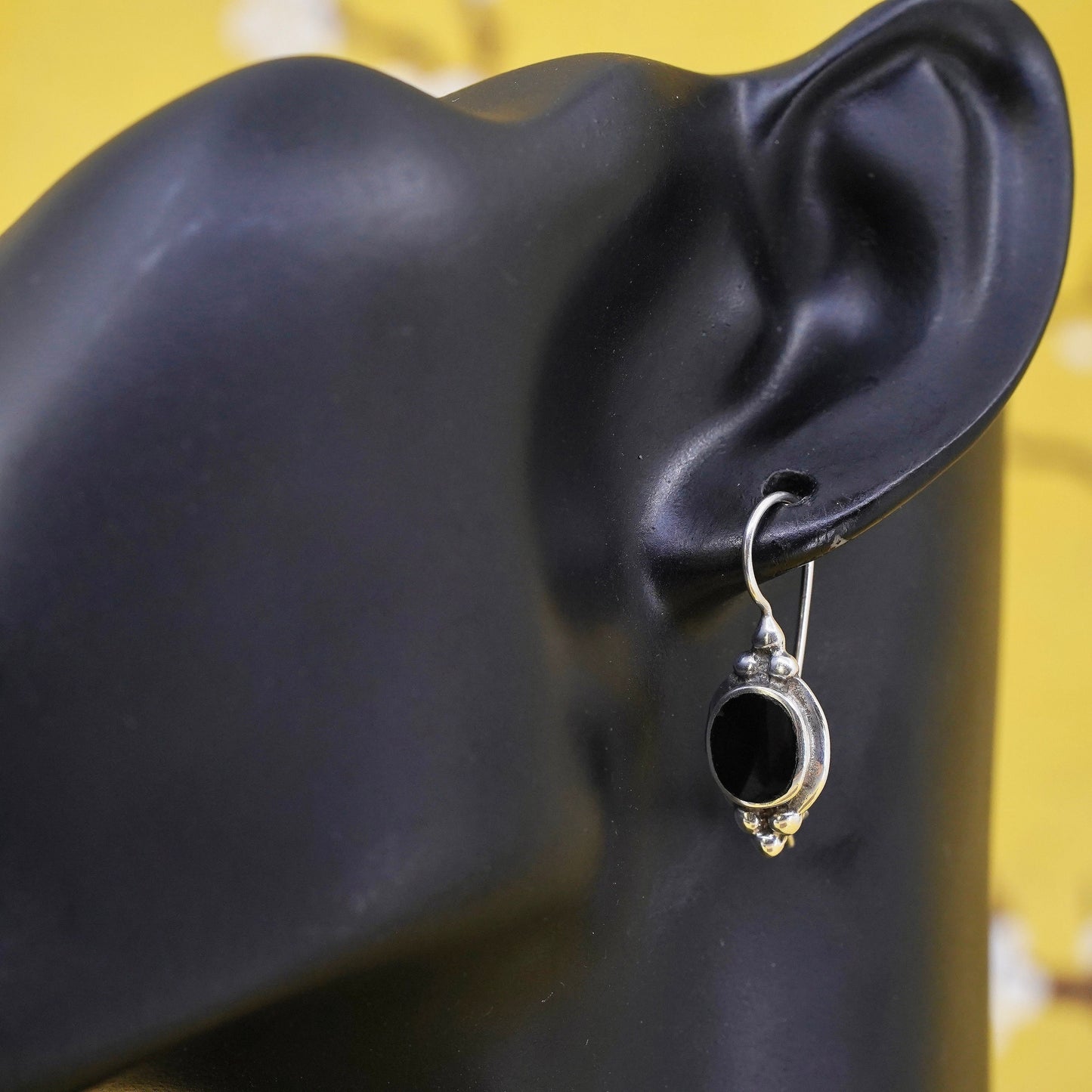 Vintage Sterling 925 silver handmade earrings with oval onyx and beads