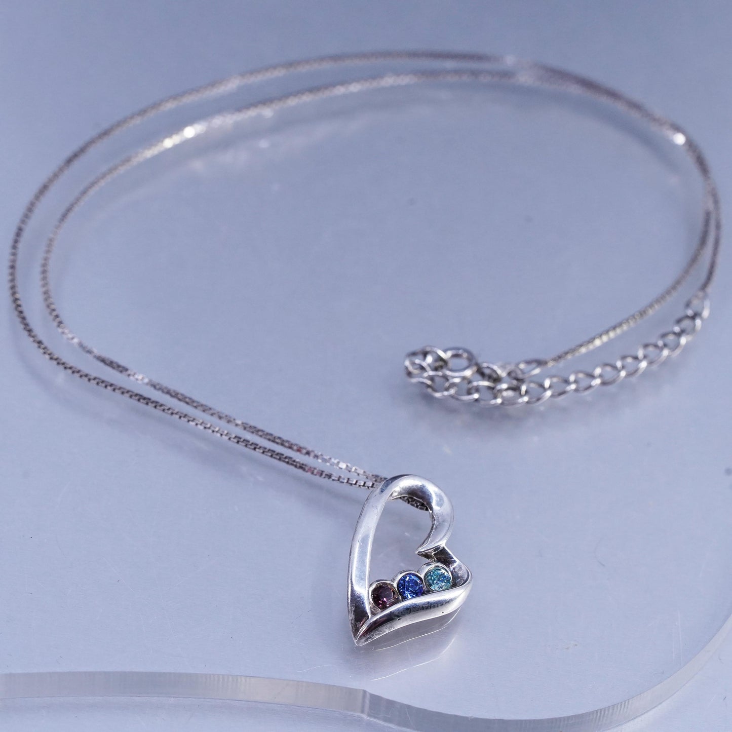 16+2", vintage Sterling 925 silver handmade box necklace with heart cz pendant