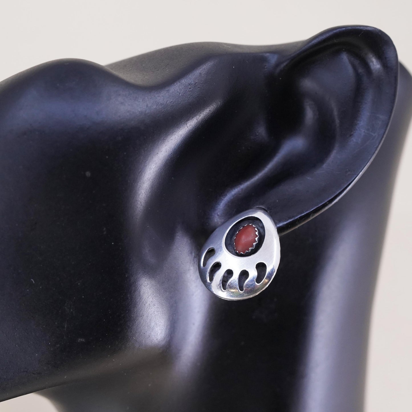 Southwestern sterling silver handmade earrings, bear paw 925 studs with coral