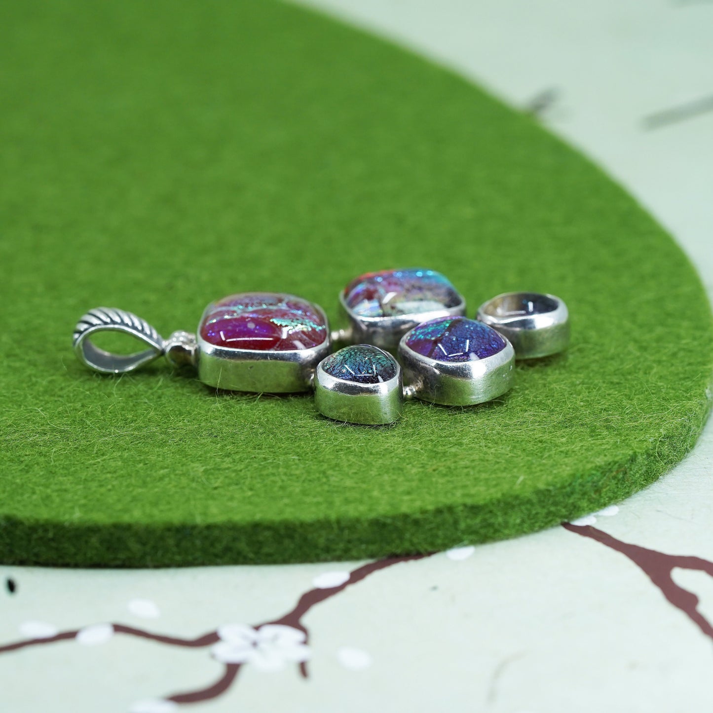 Vintage sterling silver handmade artisan glass pendant, dichroic glass charm