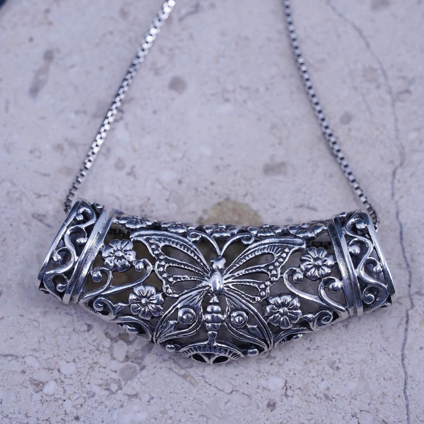 18”, Sterling 925 silver box chain necklace filigree butterfly slide pendant