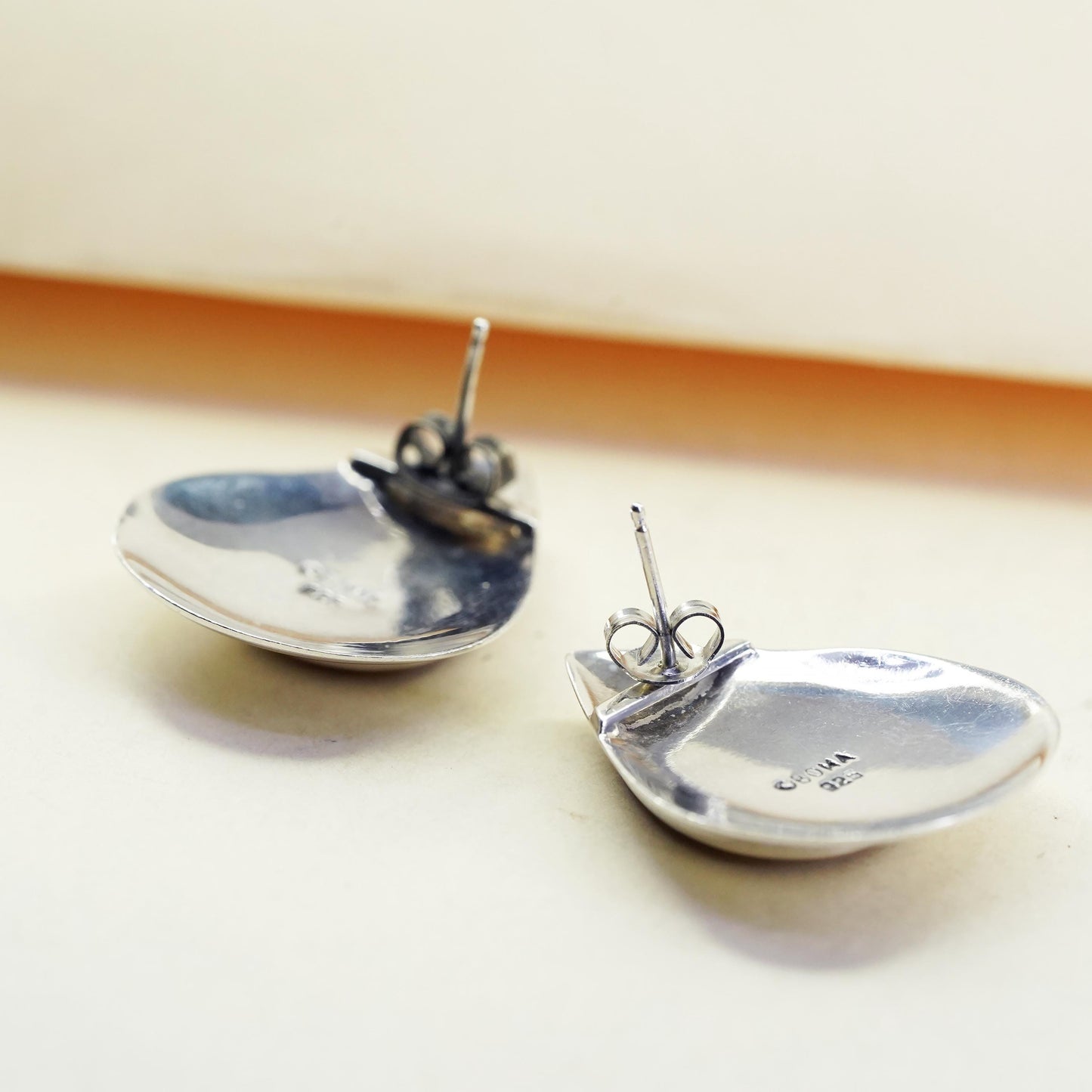 Vintage Sterling silver handmade earrings, 925 teardrop studs mother of pearl