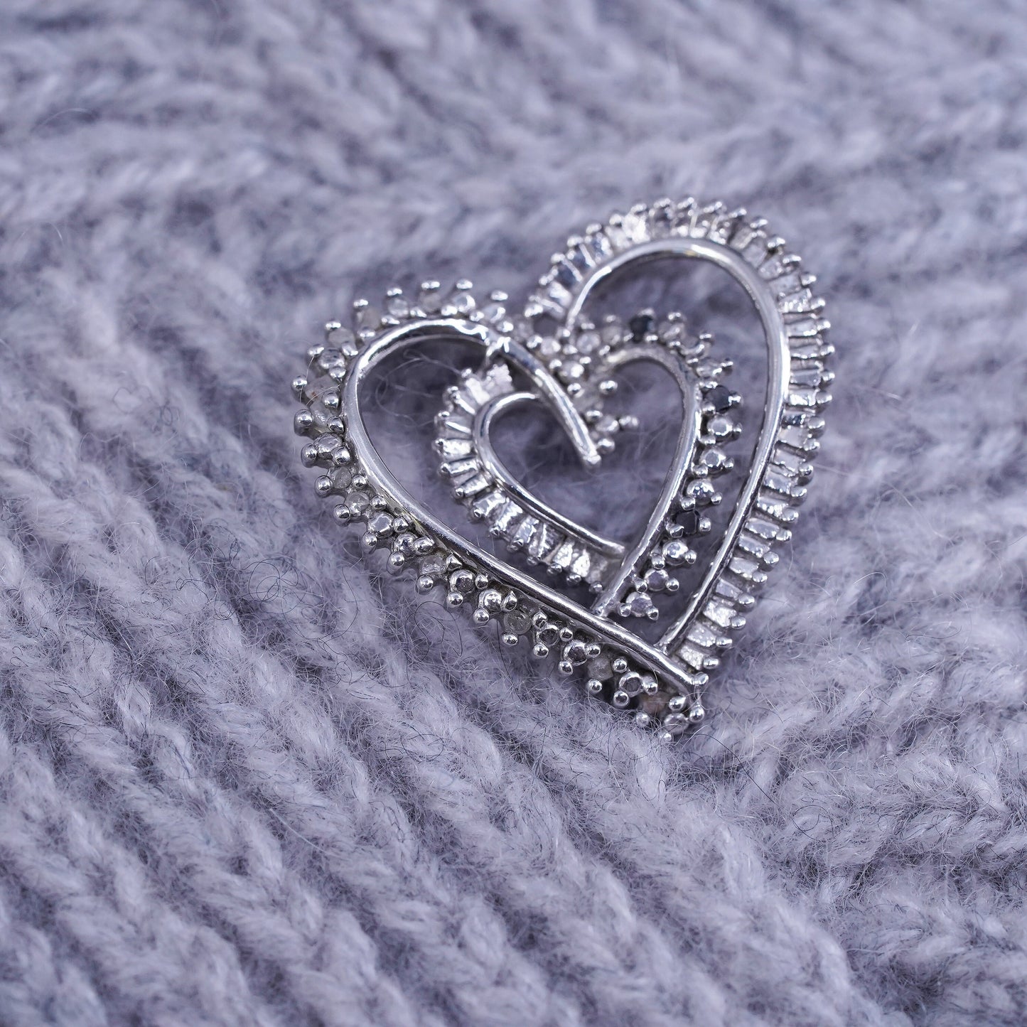 Vintage Sterling silver handmade pendant, 925 double heart with genuine diamond