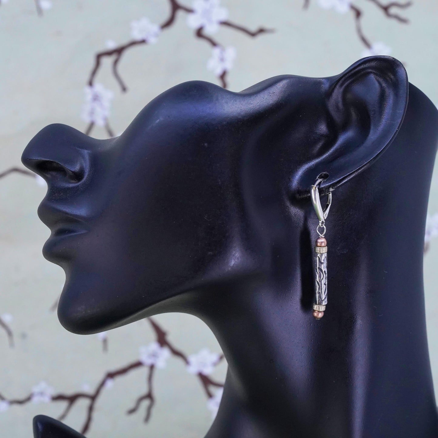 Vintage triple tone sterling 925 silver tube drops earrings with brass copper