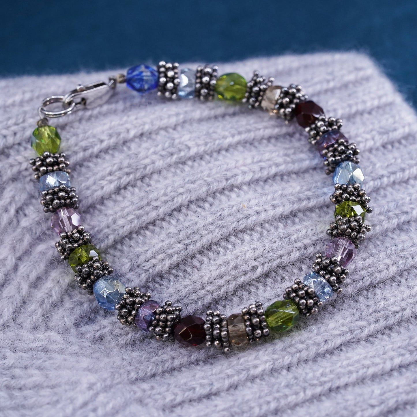 6.5", Sterling 925 silver bracelet with colorful crystal peridot garnet citrine
