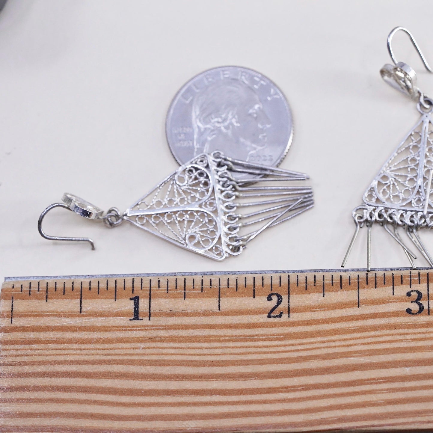Vintage sterling silver handmade earrings, 925 filigree triangle with fringes