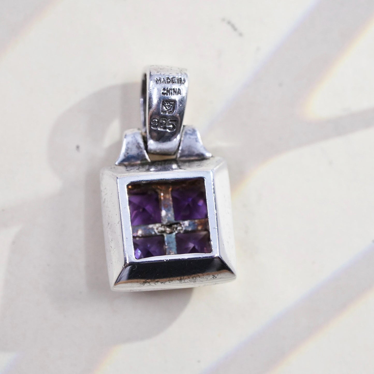 Vintage Sterling 925 silver handmade square pendant with amethyst