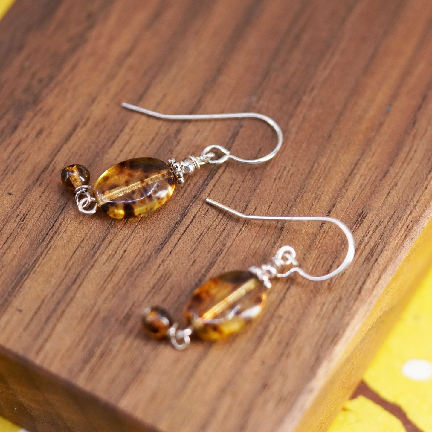 Vintage Sterling 925 silver handmade earrings with oval Amber
