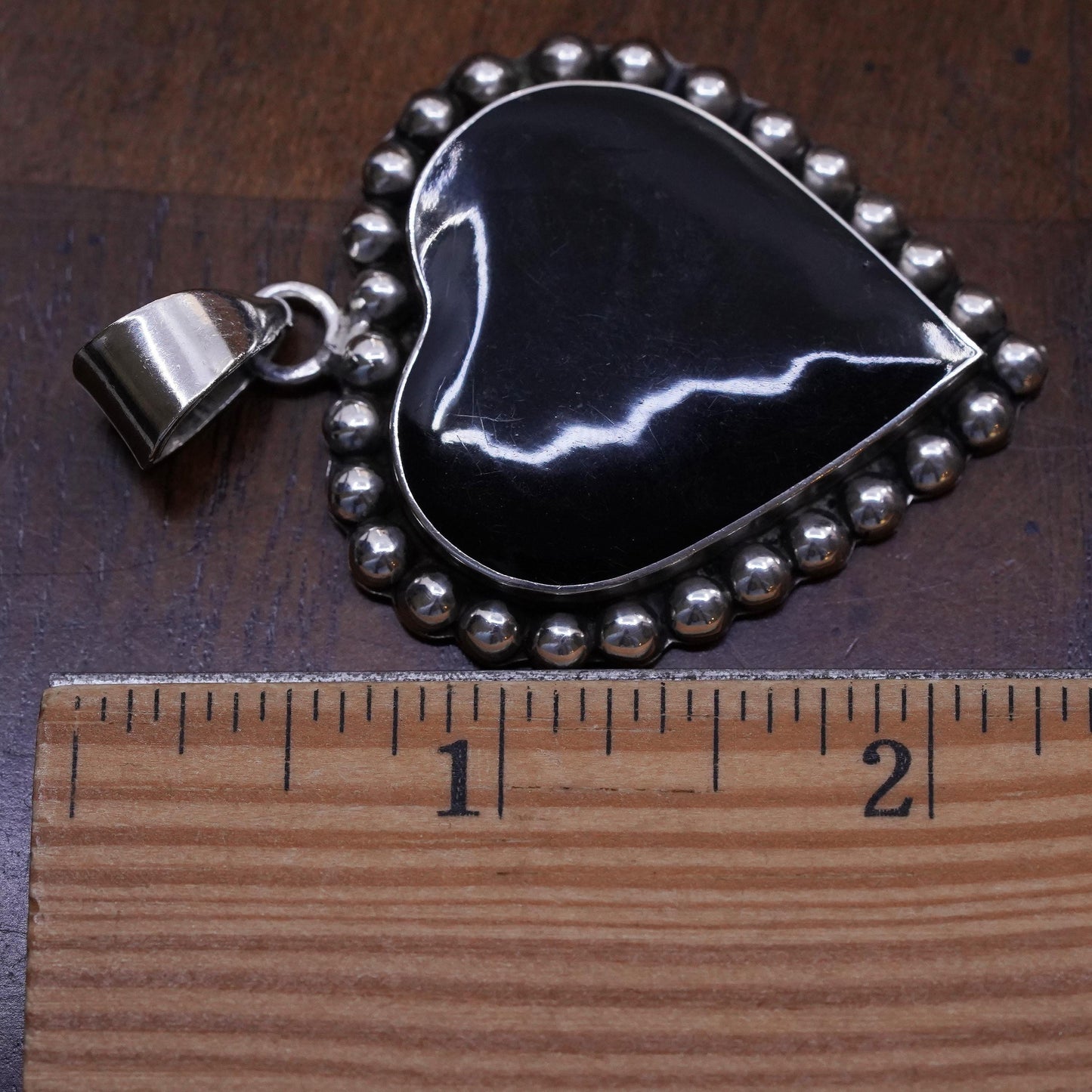 Vintage Mexico Sterling 925 silver handmade huge pendant with heart onyx beads