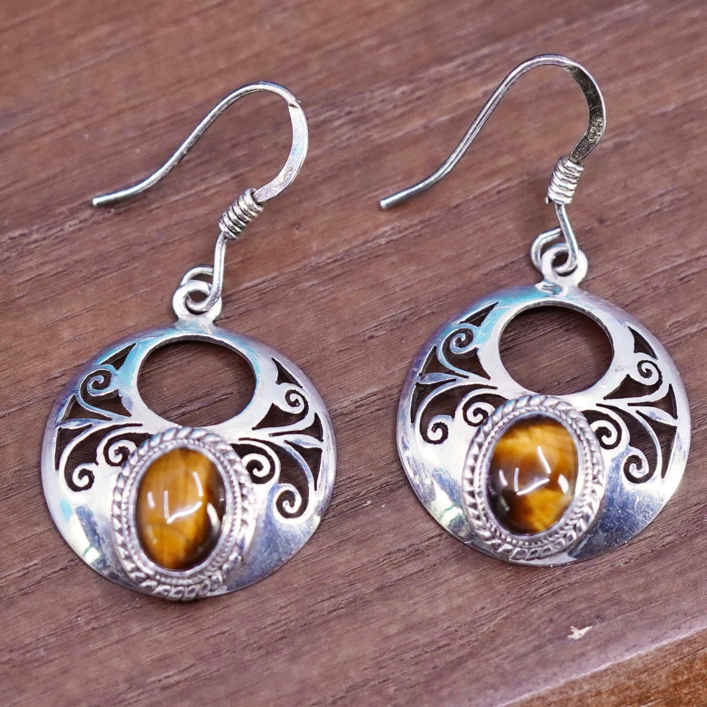 Sterling silver handmade earrings, 925 filigree circle golden tiger eye beads