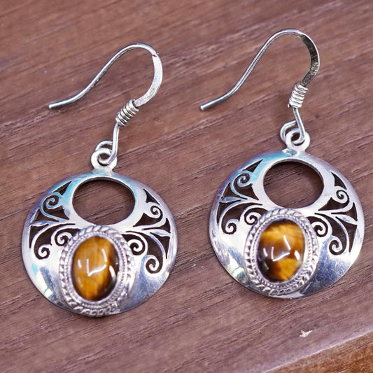 Sterling silver handmade earrings, 925 filigree circle golden tiger eye beads