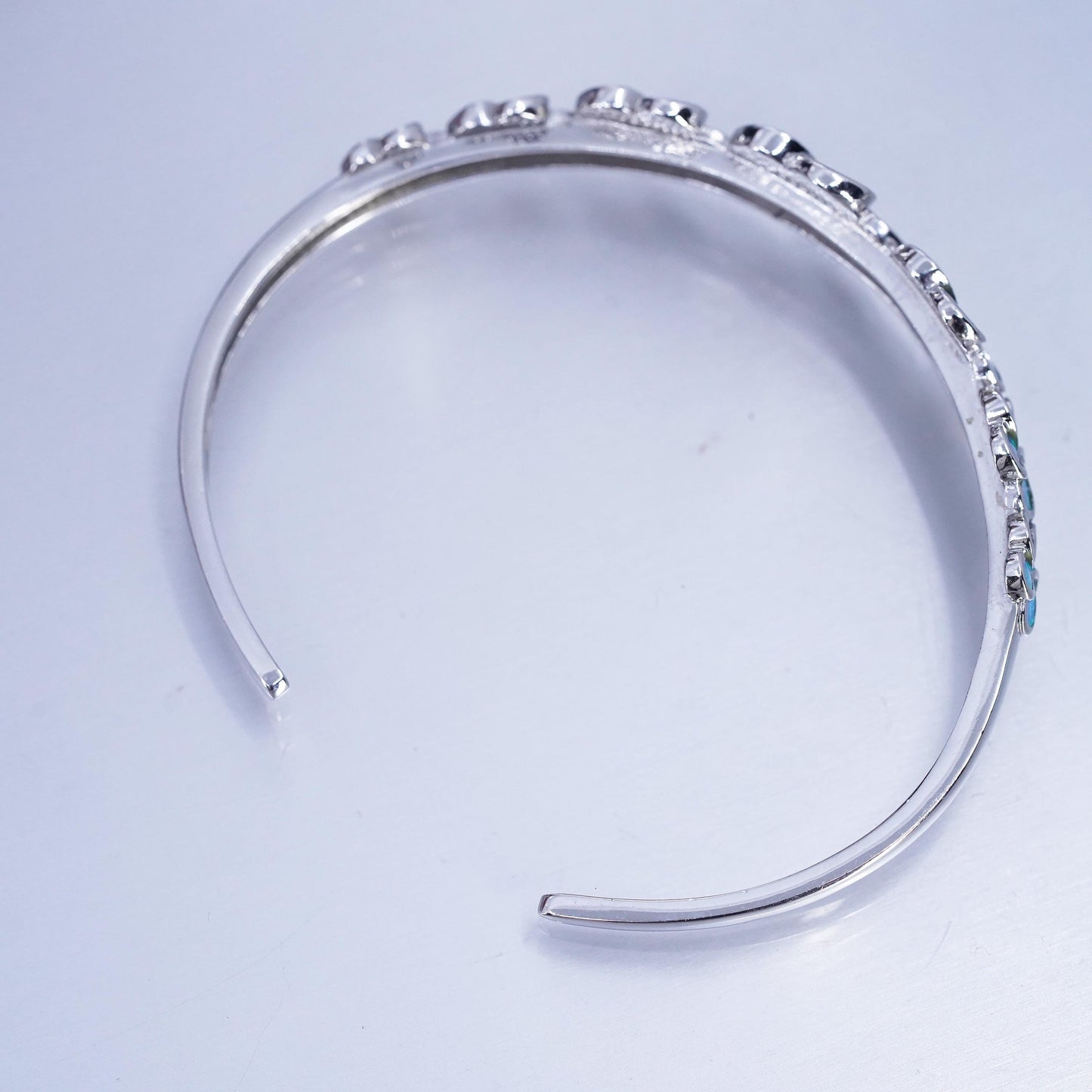 7.5”, vintage Sterling 925 silver handmade plumeria bracelet, cuff blue opal