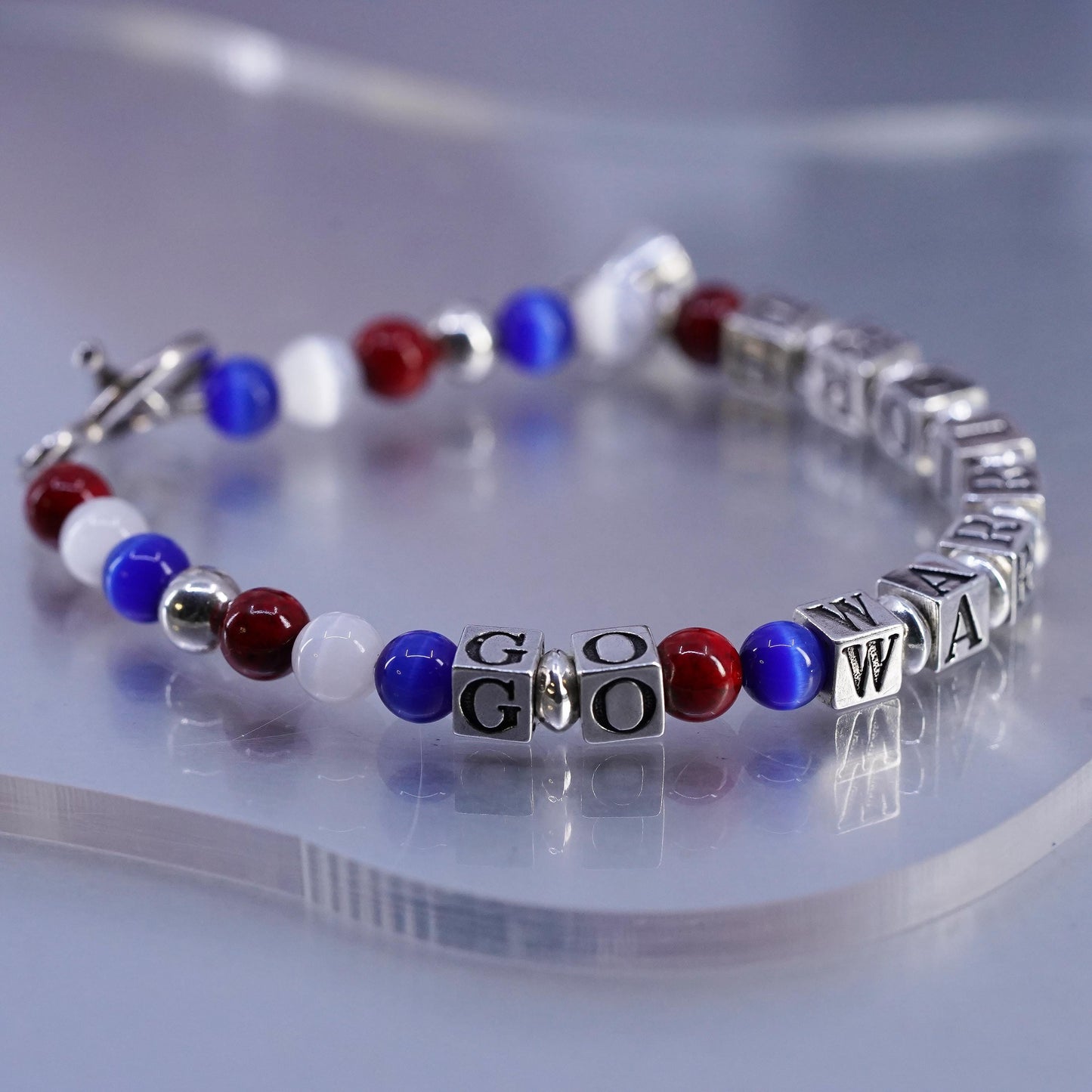 7", Sterling 925 silver bracelet cube letter "Go Warrior", cat eye beads charm