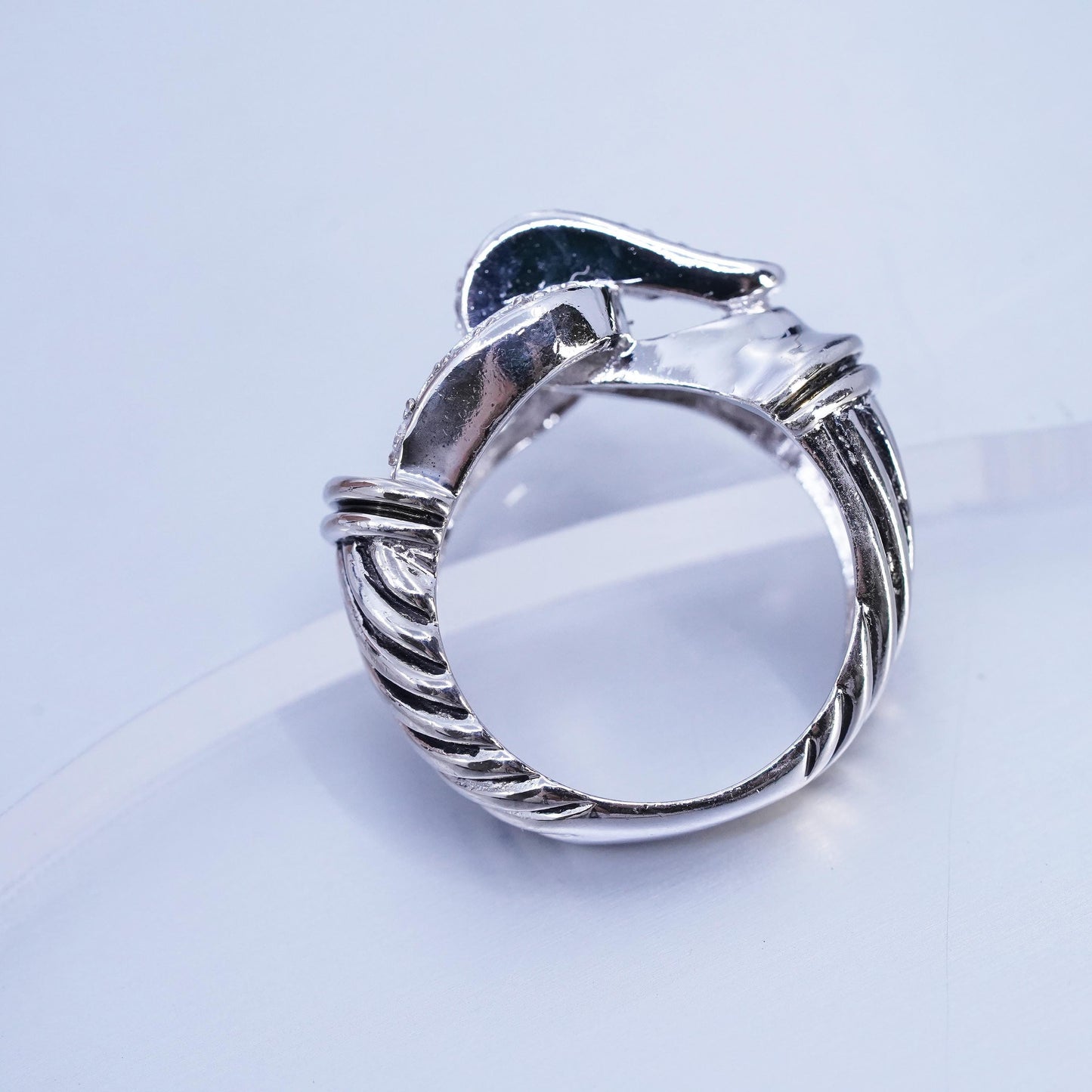 Size 7, vintage Sterling 925 silver textured belt ring with cluster cz
