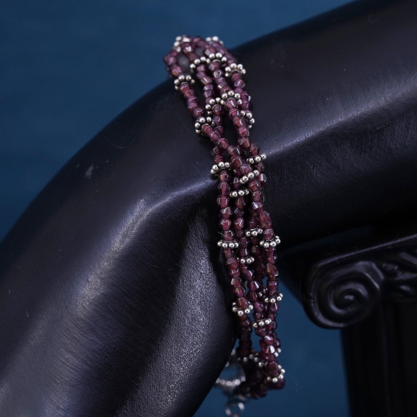 7”, sterling 925 silver handmade bracelet, multi strands garnet beads chain