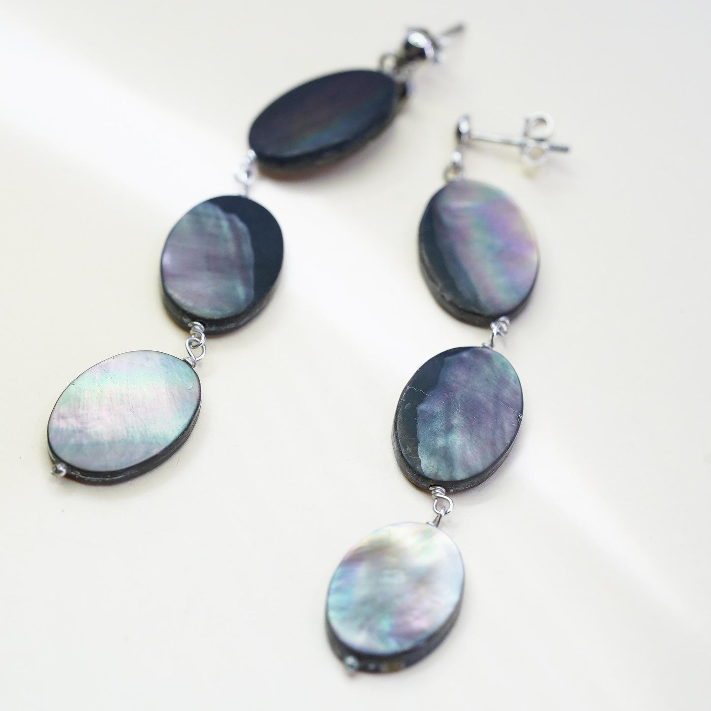 Vintage sterling 925 silver handmade long earrings with oval abalone dangles