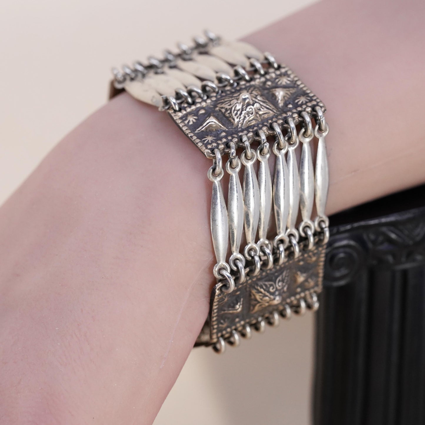 7”, Vintage Sterling 925 Silver Bracelet, Ornate Tribal, Multi Strand Cuff