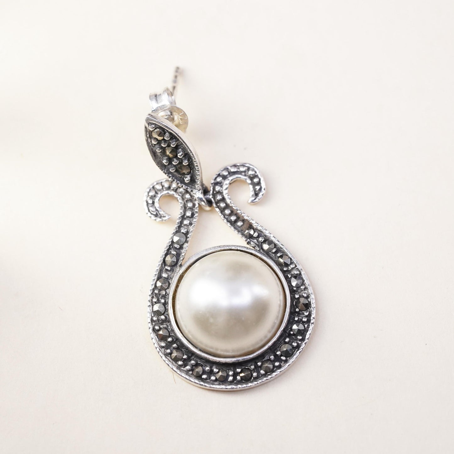 handmade single earring. Sterling 925 silver teardrop dangle pearl marcasite