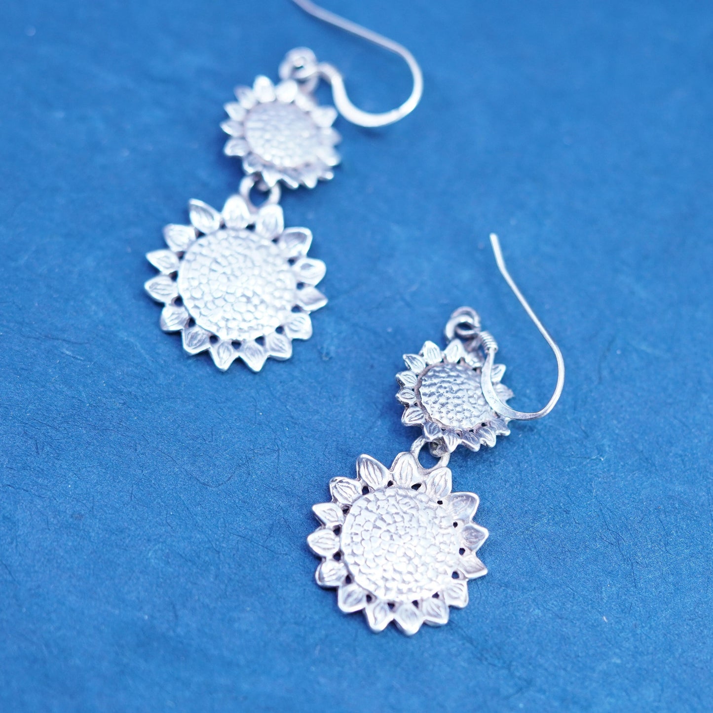 Vintage sterling silver handmade earrings, 925 sunflower flower dangles