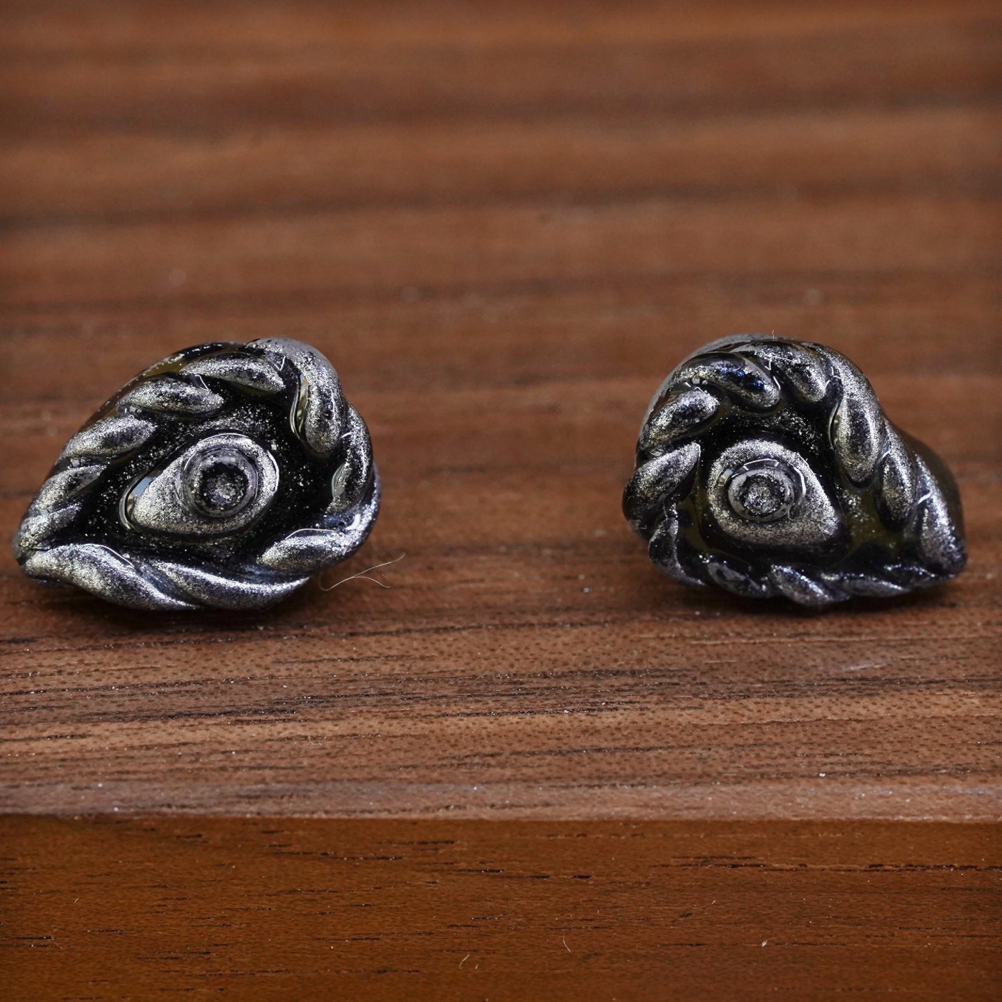 Vintage handmade Sterling silver earrings, 925 black resin studs