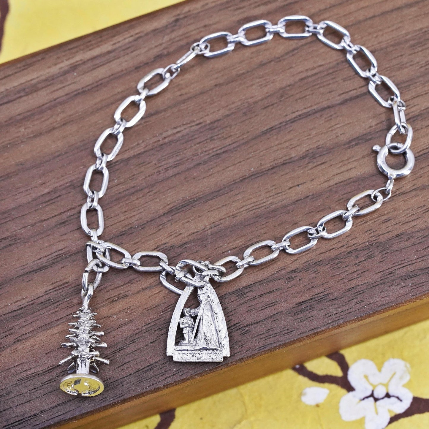 6.5”, Sterling silver 925 curb chain bracelet 2 charms, Christmas tree Baptism