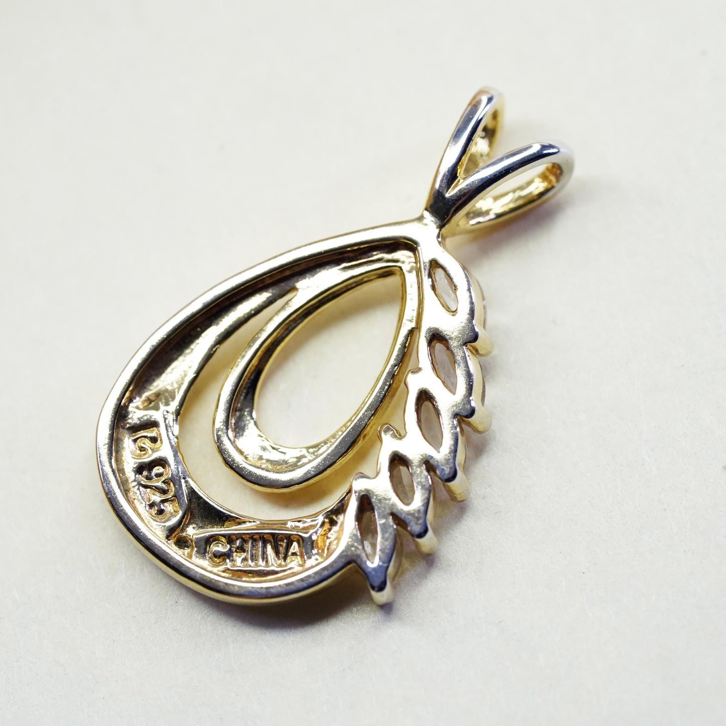 Gold over Sterling silver pendant, 925 teardrop pendant with cz details