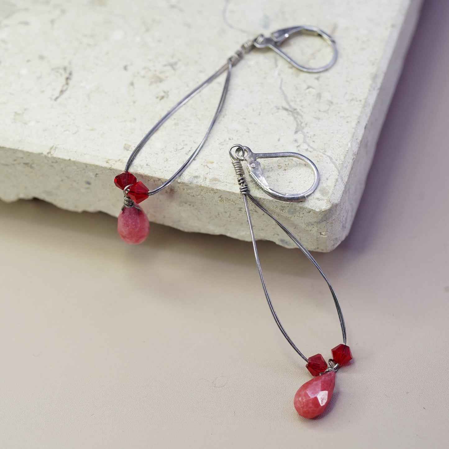 Vintage Sterling 925 silver handmade earrings with teardrop ruby