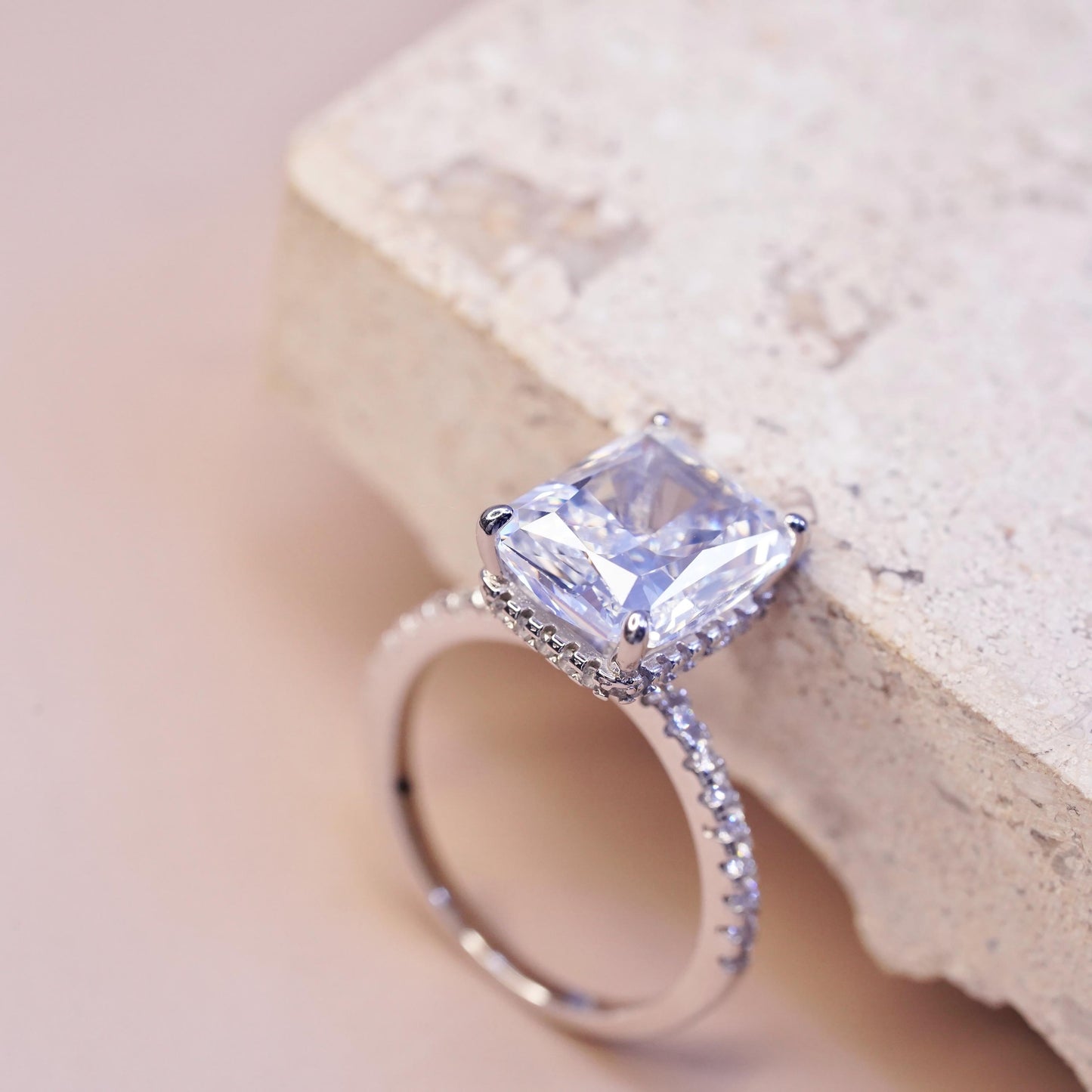Size 5, vintage Sterling 925 silver engagement ring radiant cut Cz cluster cz