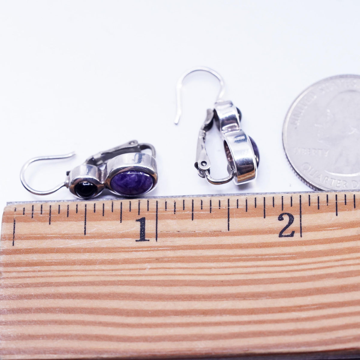 Sterling Silver 925 Amethyst Onyx Drops, Purple Cabochon, Leverback Earrings