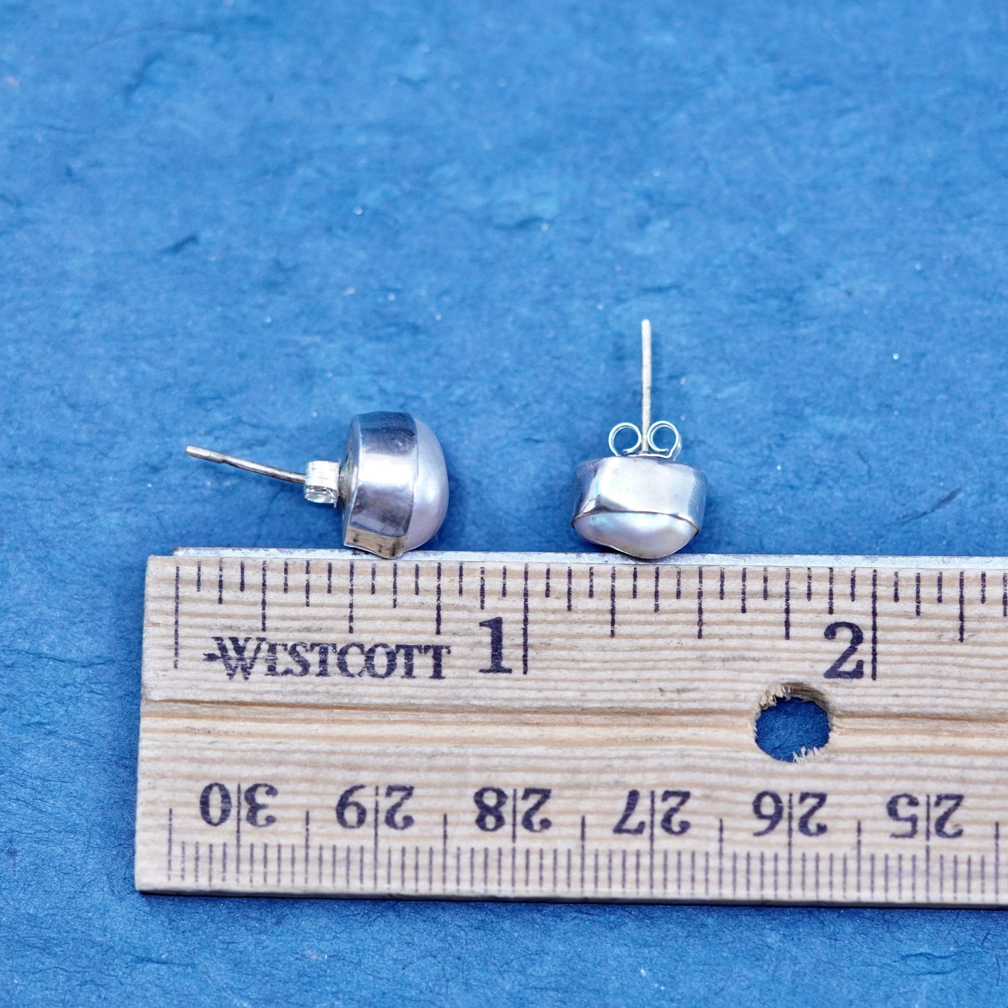 Vintage sterling silver handmade earrings, 925 oval studs with pearl
