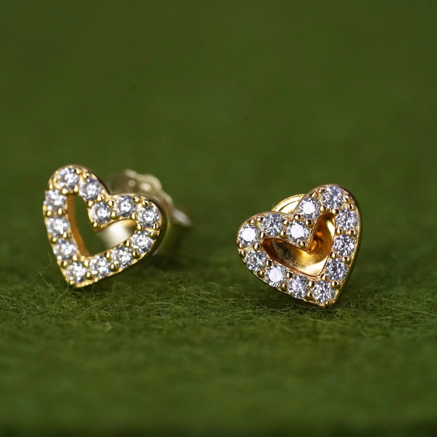 Vintage gold over sterling 925 silver heart cz studs, minimalist earrings