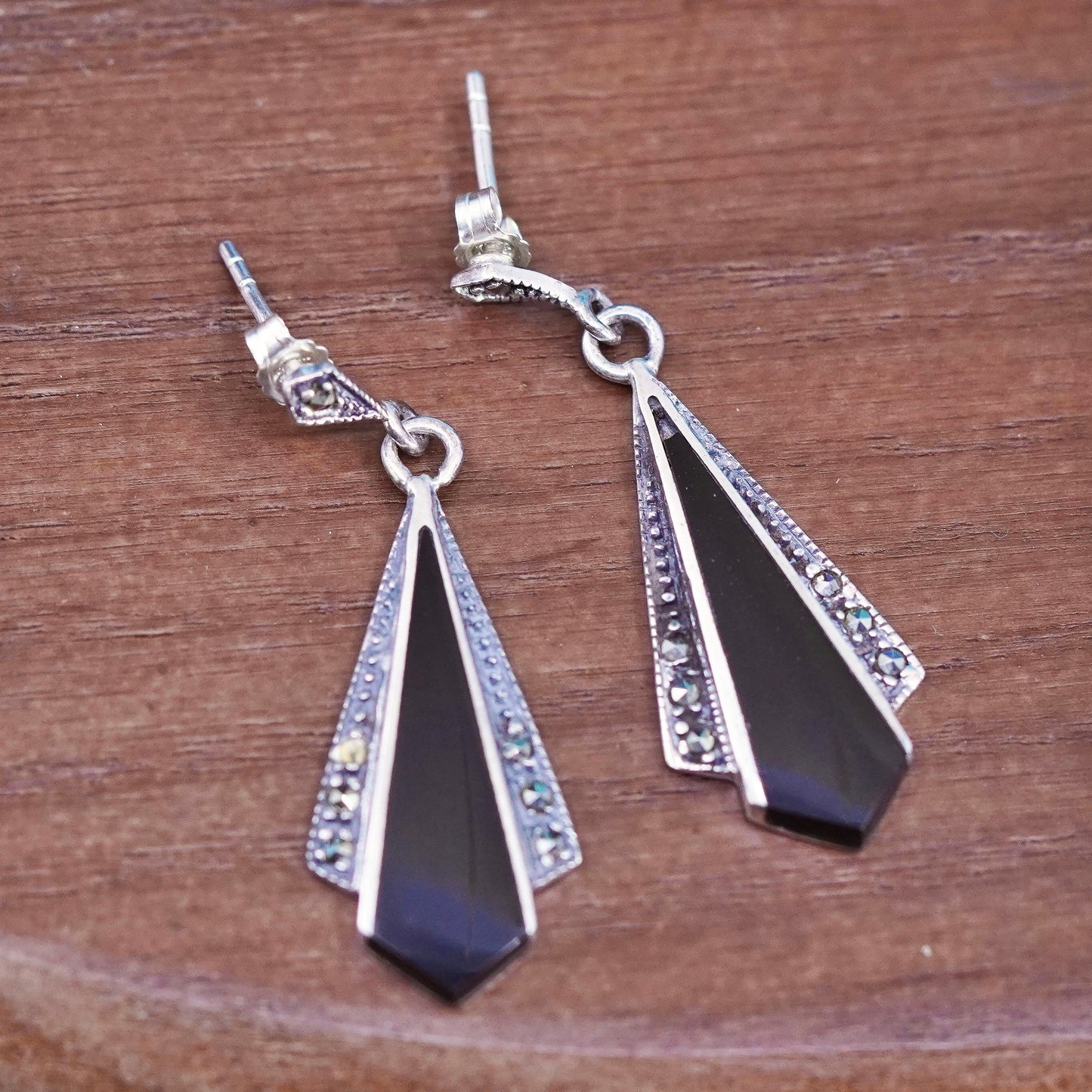 vtg Sterling 925 Silver handmade Earrings with black onyx and marcasite around