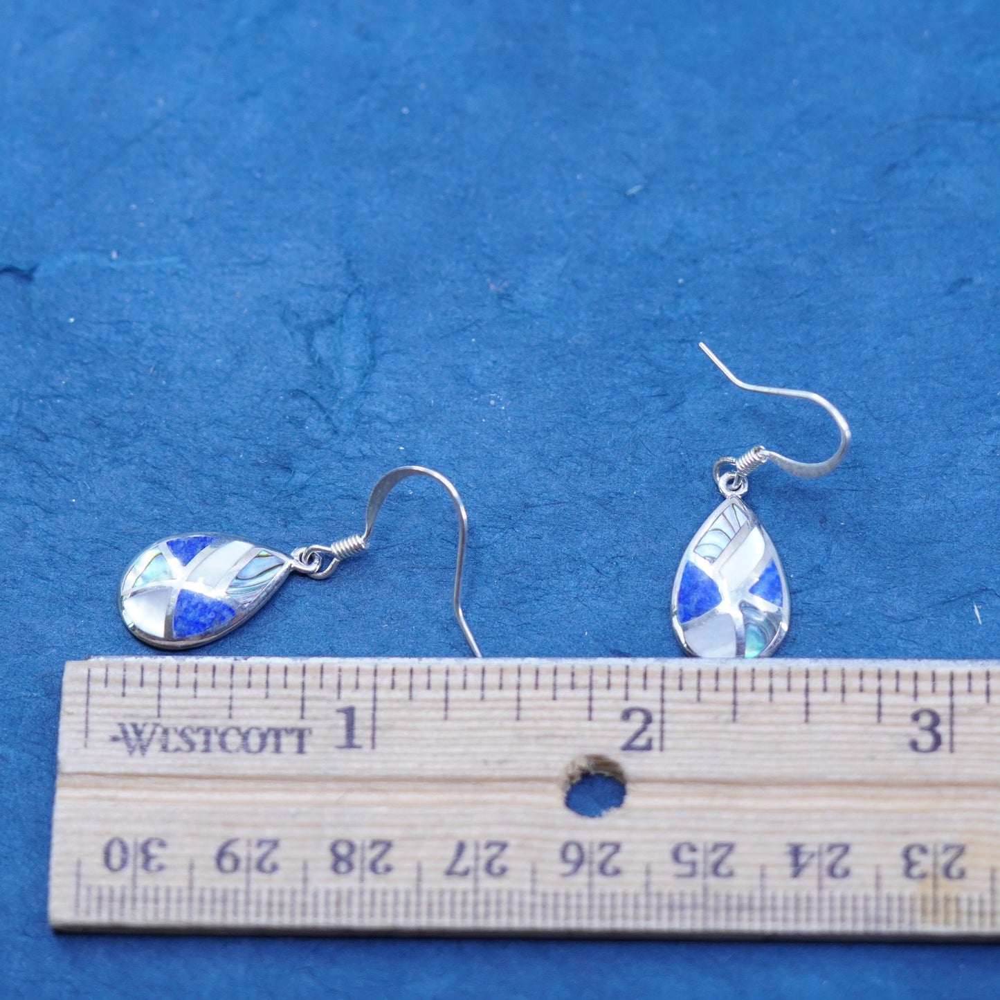 Sterling 925 silver handmade teardrop earrings lapis lazuli, mother of pearl